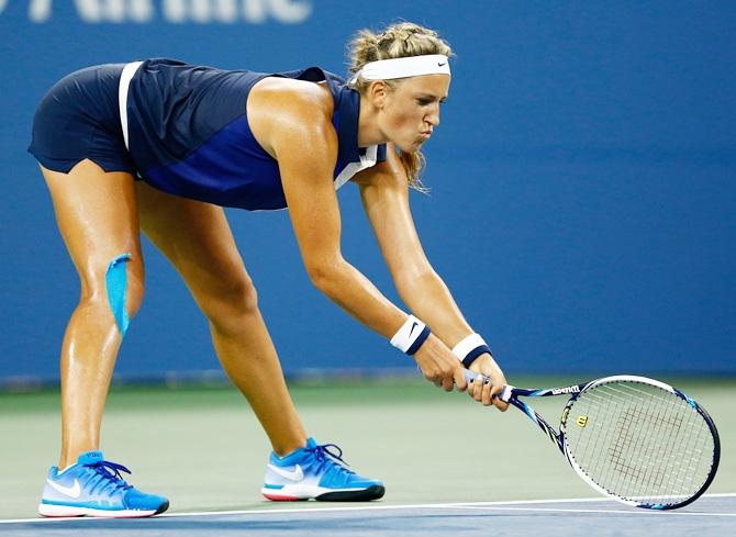 Victoria Azarenka of Belarus reacts in her match against Aleksandra Krunic of Serbia