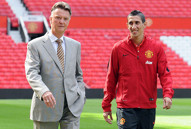 Manchester United manager Louis Van Gaal with new signing Angel Di Maria at Old Trafford