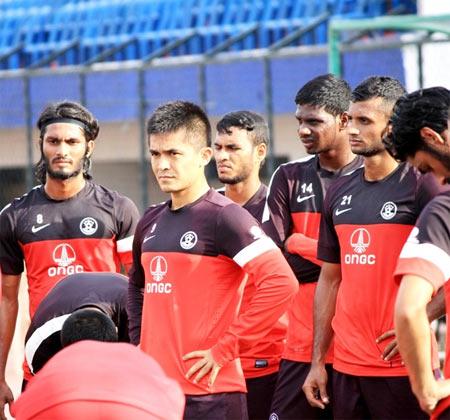 India captain Sunil Chhetri, second left, with teammates