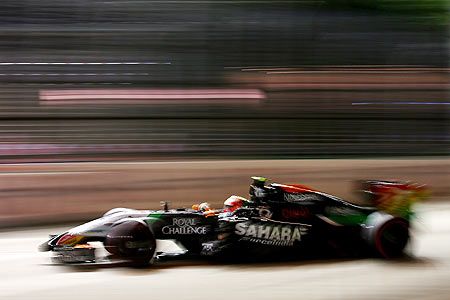 Sergio Perez of Mexico and Force India drives during practice ahead of the Singapore Formula One Grand Prix at Marina Bay Street Circuit