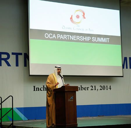 President of the Olympic Council of Asia (OCA), Sheikh Ahmad Al-Fahad Al-Sabah speaks during a conference