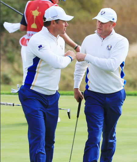 Lee Westwood of Europe and Jamie Donaldson of Europe celebrate on the 9th green during the Afternoon Foursomes of the 2014 Ryder Cup on the PGA Centenary course at the Gleneagles Hotel in Auchterarder, Scotland, on Saturday