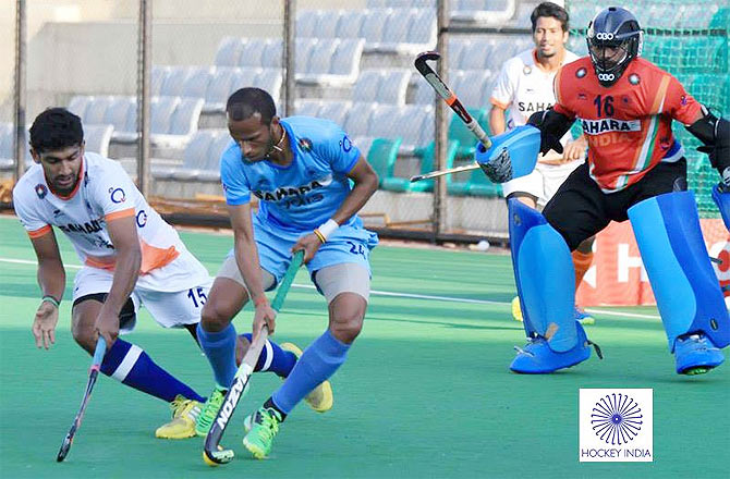 India hockey players go through the grind during a training session. Photograph: Hockey India/Facebook