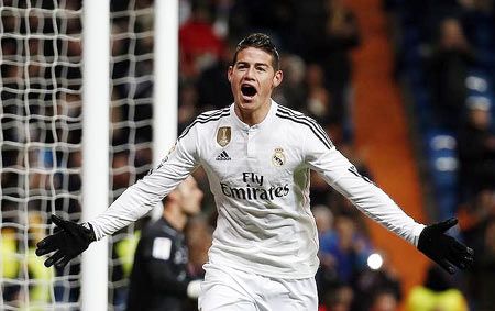 Real Madrid's James Rodriguez celebrates on scoring a goal