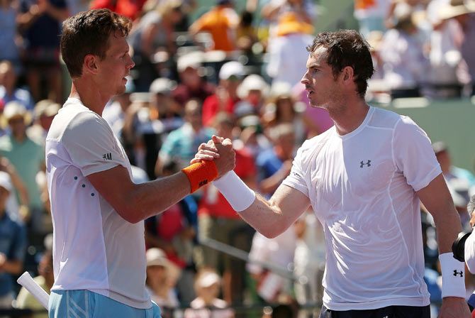 Andy Murray of Great Britain (right) is congratulated by Tomas Berdych of the Czech Republic after winning the Miami Open semi-final on Friday