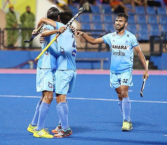 India players celebrate a goal against New Zealand on Monday