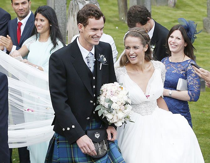 British tennis player Andy Murray leaves the cathedral after his wedding to fiancee Kim Sears in Dunblane, Scotland, on Saturday