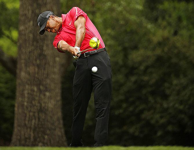 Tiger Woods of the U.S. hits a driver off the second tee during final round play of the Augusta Masters golf tournament