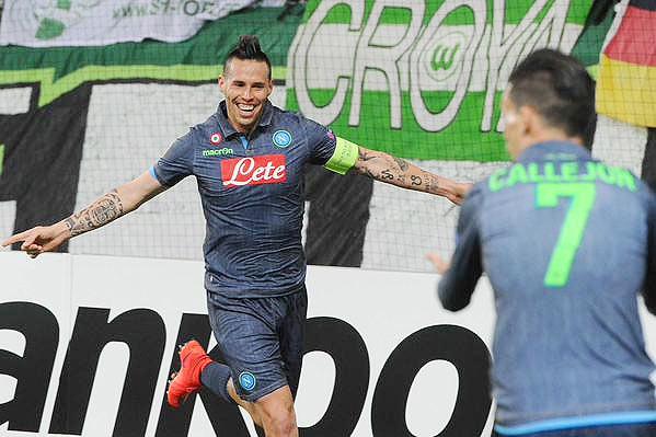 Marek Hamsik of Napoli celebrates his goal against Wolfsburg on Thursday