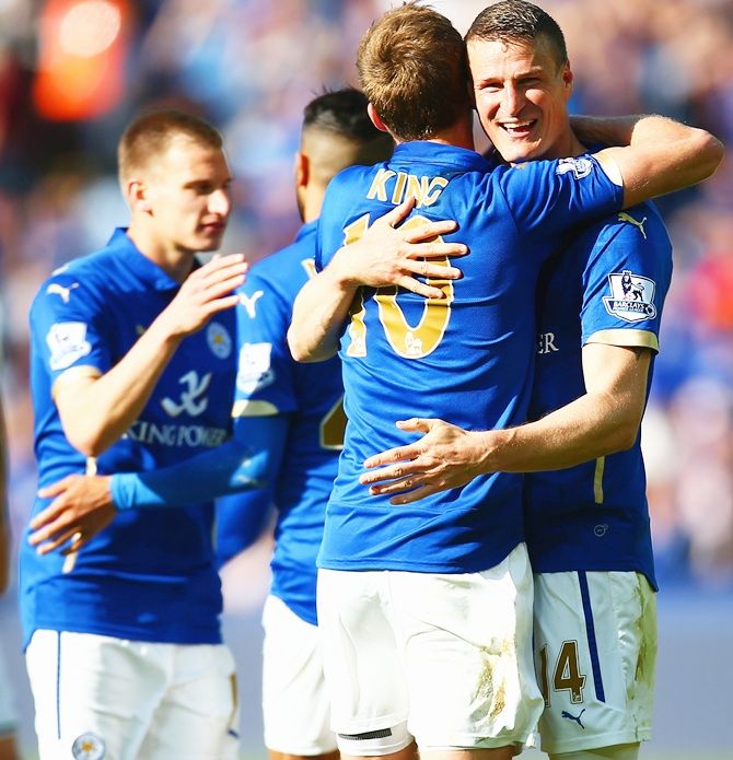 Andy King and Robert Huth of Leicester City celebrate
