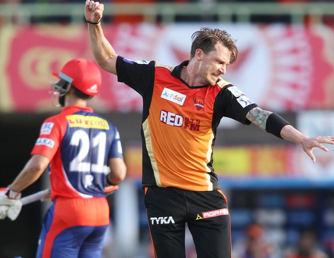 Dale Steyn of Sunrisers Hyderabad celebrates after claiming a wicket during their IPL against Delhi Daredevils on April 18