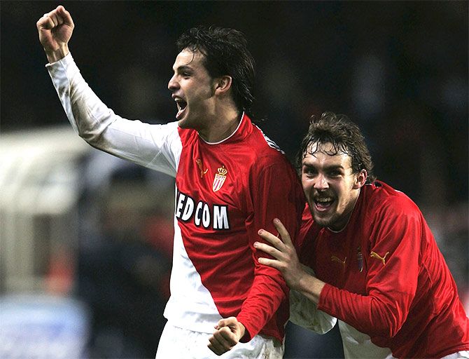 Monaco’s Fernando Morientes celebrates at the final whistle after the UEFA Champions League quarter-final second leg against Real Madrid at the Louis II Stadium, Monaco, on April 6, 2004