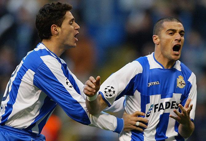 Walter Pandiani of Deportivo La Coruna celebrates his goal during the UEFA Champions League match against AC Milan at the Estadio Municipal de Riazor in La Coruna on April 7, 2004