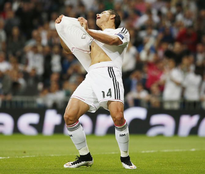 Real Madrid's Javier Hernandez reacts on missing a scoring opportunity
