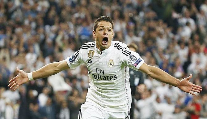Javier Hernandez celebrates after scoring for Real Madrid during their UEFA Champions League quarter-final second leg match against Atletico Madrid at the Estadio Santiago Bernabeu, on Wednesday