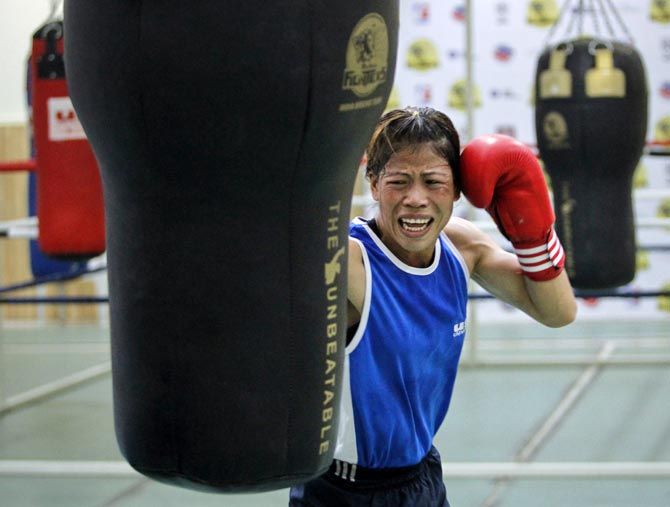  M C Mary Kom during a training session at the Balewadi Stadium in Pune. Photograph: Danish Siddiqui/Reuters