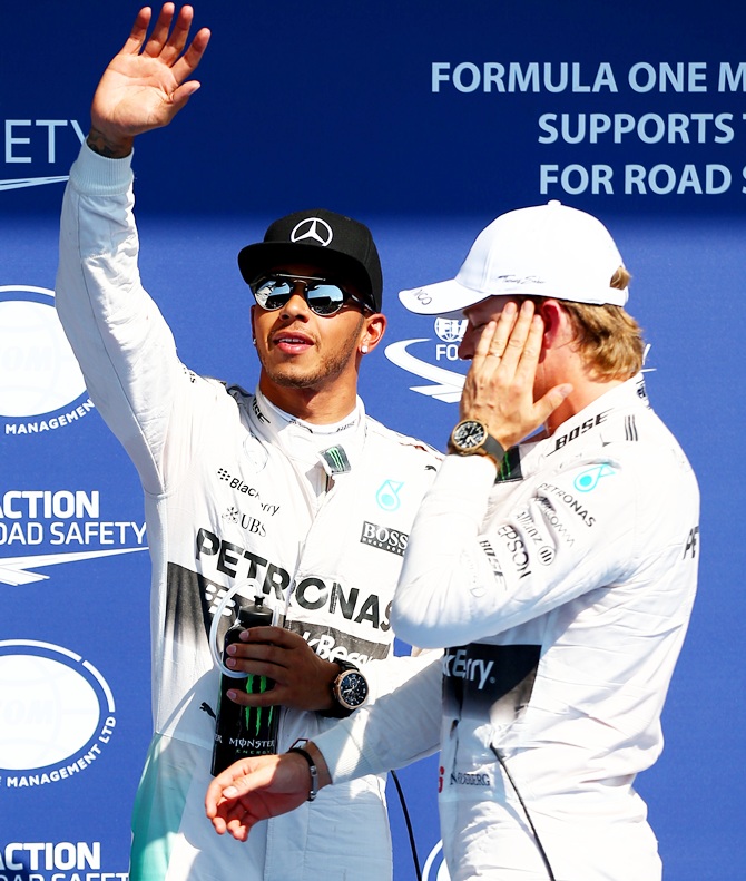 Lewis Hamilton of Great Britain and Mercedes GP celebrates 