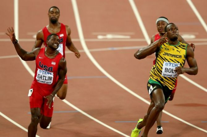 Usain Bolt wins the 100 metres at the World Athletics Championships. Photograph: Michael Steele/Getty Images