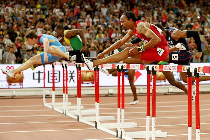 Aries Merritt of the United States competes in the Men's 110 metres hurdles final during day seven of the 15th IAAF World Athletics Championships at Beijing National Stadium on Friday