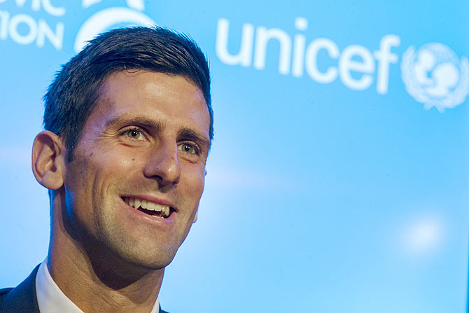Serbian tennis player Novak Djokovic speaks during a news conference at the UNICEF headquarters in New York