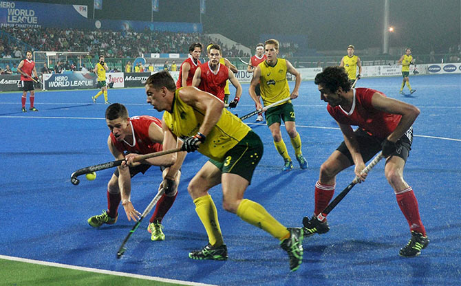 Australian and Canadian players in action during Hockey World League match in Raipur 