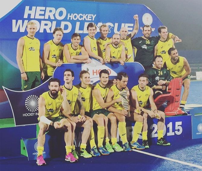The victorious Australian hockey team after winning the World Hockey League Final in Raipur on Sunday