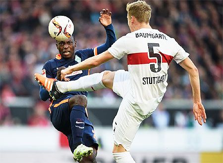 VFB Stuttgart's Timo Baumgartl and Werder Bremen's Anthony Ujah in action during their Bundesliga match on Sunday