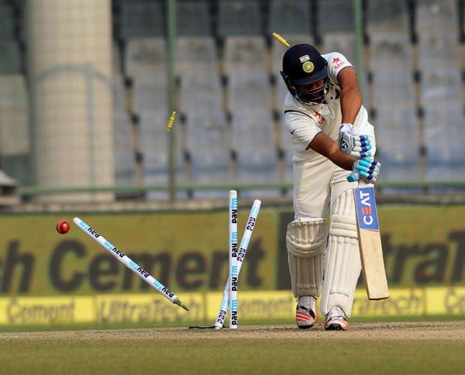 India's Rohit Sharma is bowled by South Africa's Morne Morkel for a duck on Day 3 of the 4th Test at the Feroz Shah Kotla in New Delhi on Saturday