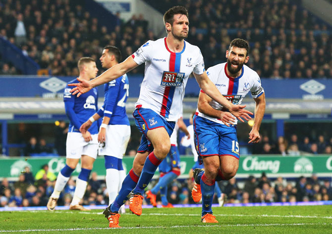 Crystal Palace's Scott Dann celebrates scoring the opening goal