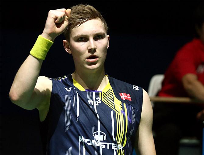 Viktor Axelsen of Denmark celebrates beating Srikanth Kidambi  of India 