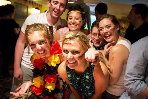 Football fans supporting the German national team celebrate as they watch Germany win the FIFA World Cup 