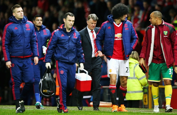 Louis van Gaal Manager of Manchester United leaves the pitch after 1-2 Premier League defeat to Norwich 