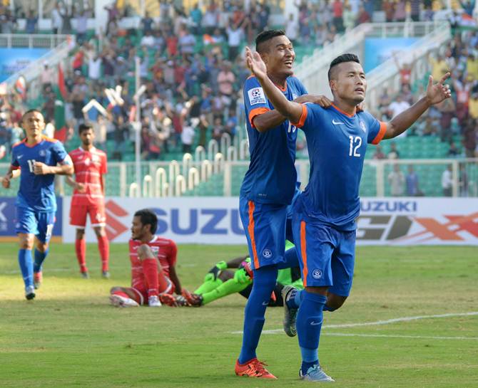 Jeje Lalpekhlua celebrates after scoring his second goal agaist Maldives in the semi-finals of the SAFF Cup