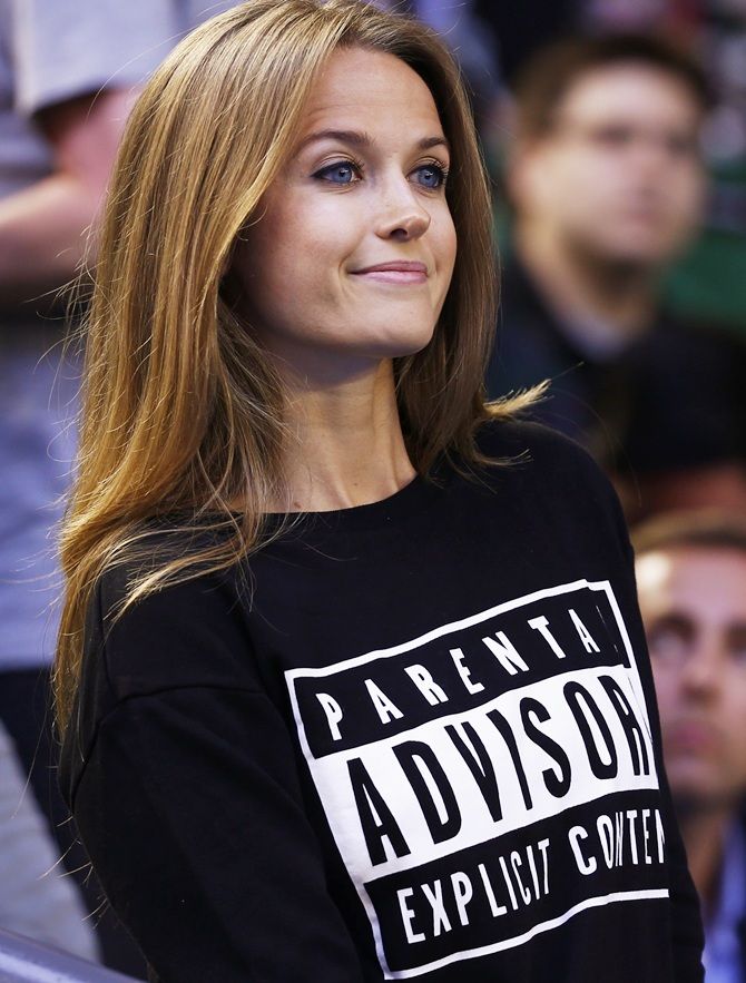 Kim Sears, the fiance of Andy Murray of Britain, looks on before the start of his men's singles final match against Novak Djokovic of Serbia