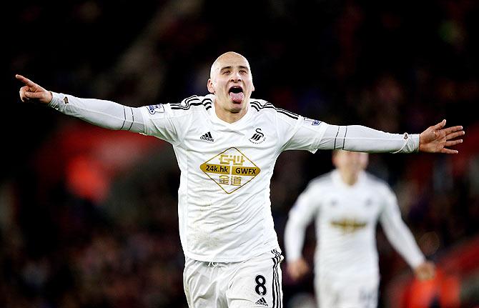 Jonjo Shelvey of Swansea City celebrates after scoring against Southampton on Sunday