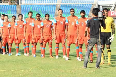 The Indian football team before the start of an international match