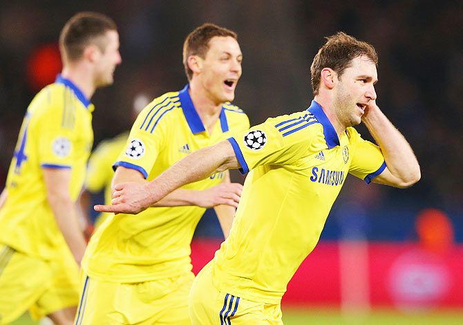 Branislav Ivanovic of Chelsea (right) celebrates with Nemanja Matic on scoring the first goal