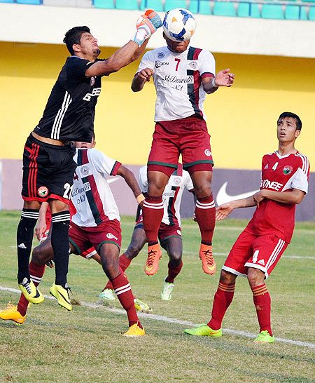Mohun Bagan and Shilong Lajong players in action during their Federation Cup match at Tilak Maidan, Vasco, Goa on Tuesday