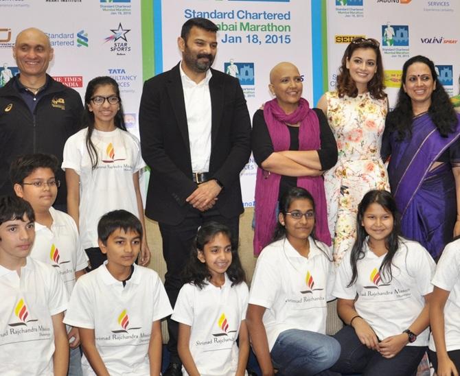 From left, Vivek Singh, Joint, MD. Procam International, Meera Mehta, Shrimad Rajchandra Love and Care,   Dharmesh Jain, Chairman, Nirmal Lifestyles, Mithila Balse, Indian Cancer Society, Bollywood actress Dia   Mirza, Swades Foundation and Jayanti Shukla, Executive Director, United Way of Mumbai at the Standard Chartered Mumbai Marathon Charity meet