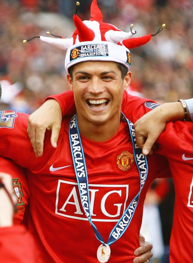 Cristiano Ronaldo of Manchester United celebrates winning the Barclays Premier League trophy