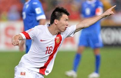 Sun Ke of China celebrates after scoring during the 2015 Asian Cup match against Uzbekistan at Suncorp Stadium in Brisbane, Australia.