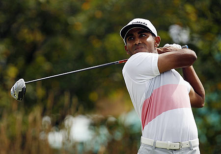 Bhavik Patel of the US watches his tee shot