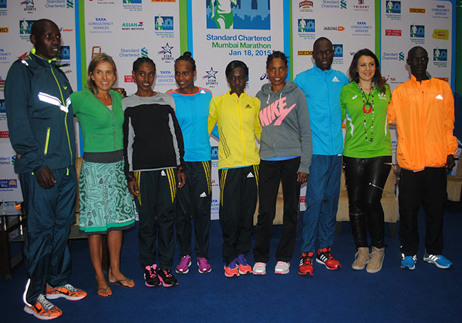  Elana Meyer with Elite marathon runners at a media interaction for the Standard Chartered Mumbai Marathon