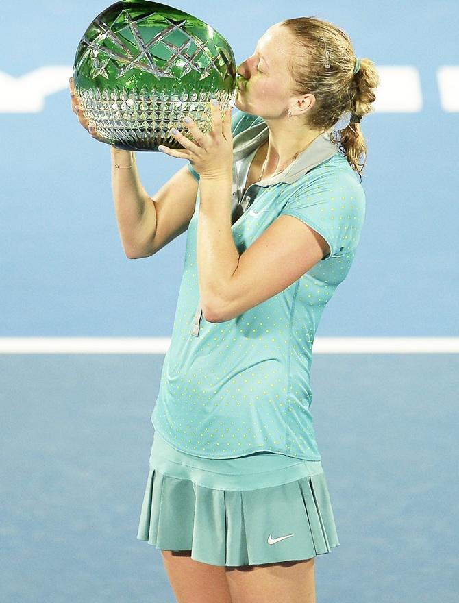 Petra Kvitova of Czech Republic kisses the APIA International Trophy