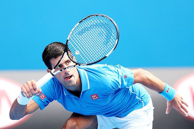 Novak Djokovic of Serbia plays a forehand in his first round match against Aljaz Bedene of Slovenia on Tuesday