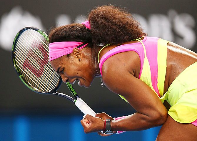 Serena Williams of the United States celebrates a point against Alison Van Uytvanck of Belgium during her first round match of the 2015 Australian Open at Melbourne Park on Tuesday