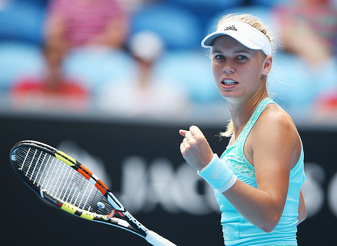 Caroline Wozniacki of Denmark celebrates winning her first round match against Taylor Townsend of the United States at the 2015 Australian Open at Melbourne Park on Tuesday