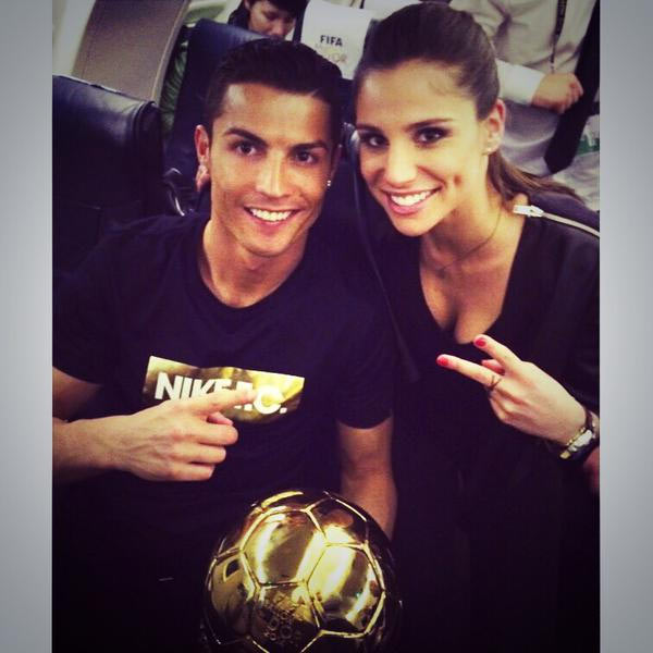 Cristiano Ronaldo and Lucia Villalon Puras with Ballon d'Or trophy