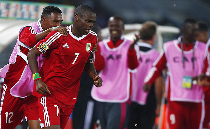 Prince Oniangue (7) of Congo celebrates his goal against Gabon during their 2015 African Cup of Nations Group A match in Bata on Wednesday 