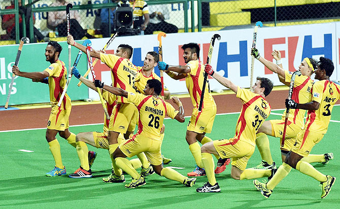 Ranchi Rays players celebrate a goal against Dabang Mumbai during their Hockey India League match at the Mumbai Hockey Assocation stadium in Mumbai on Saturday